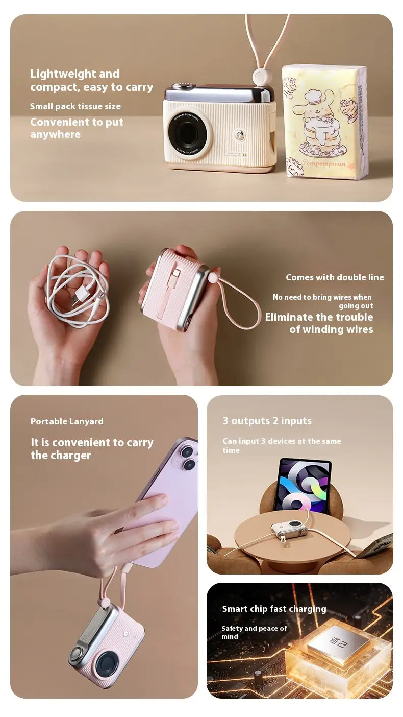 Large Capacity Mobile Power Supply with Cable Fast Charge in Beige Pink Brown