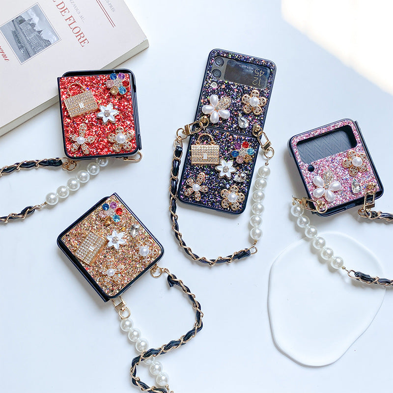 Female flower sequin pearl foldable necklace set in black gold and pink - Flower Sequin Pearl Foldable Phone Case female