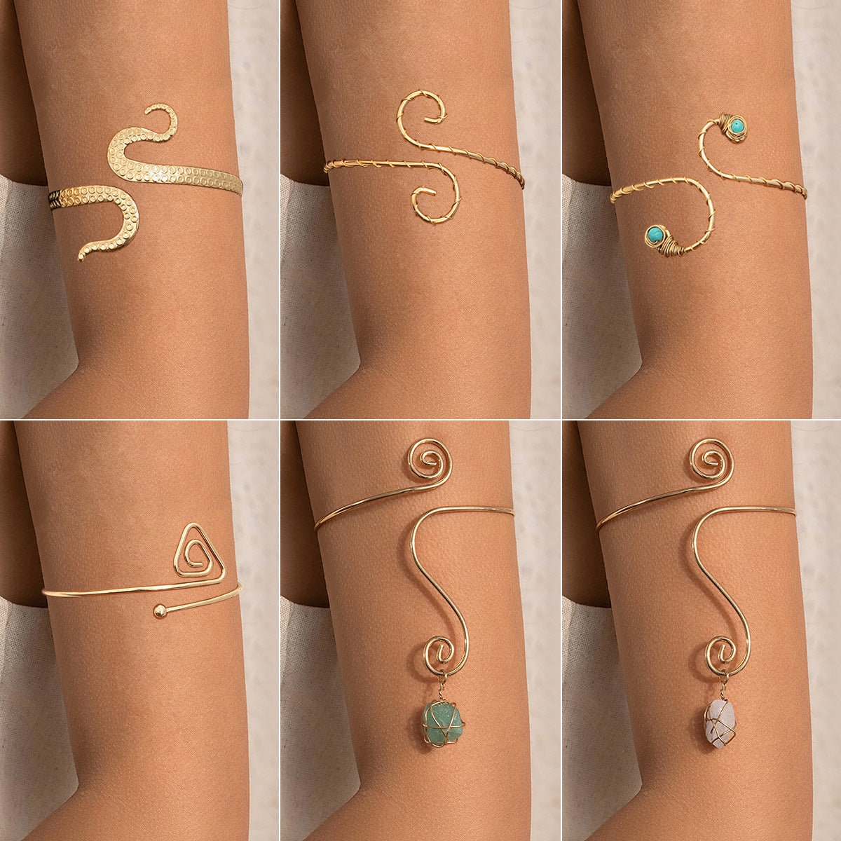 Female Hip-hop Style Spiral Broken Stone Open Arm Bracelet - Female Hip-hop Style Gold Light Spiral Bracelet