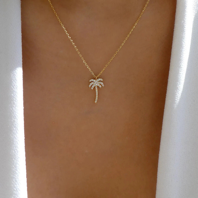 Coconut Tree Pendant Necklace Female Rhinestone Alloy Chain Adjustable 21-50cm - coconut tree pendant necklace female