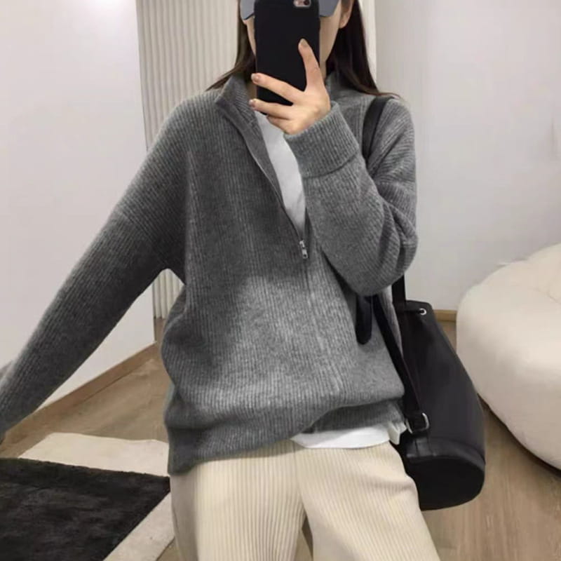 Tomgangsstil japansk koreansk casual glidelås cardigan løs strikket genser