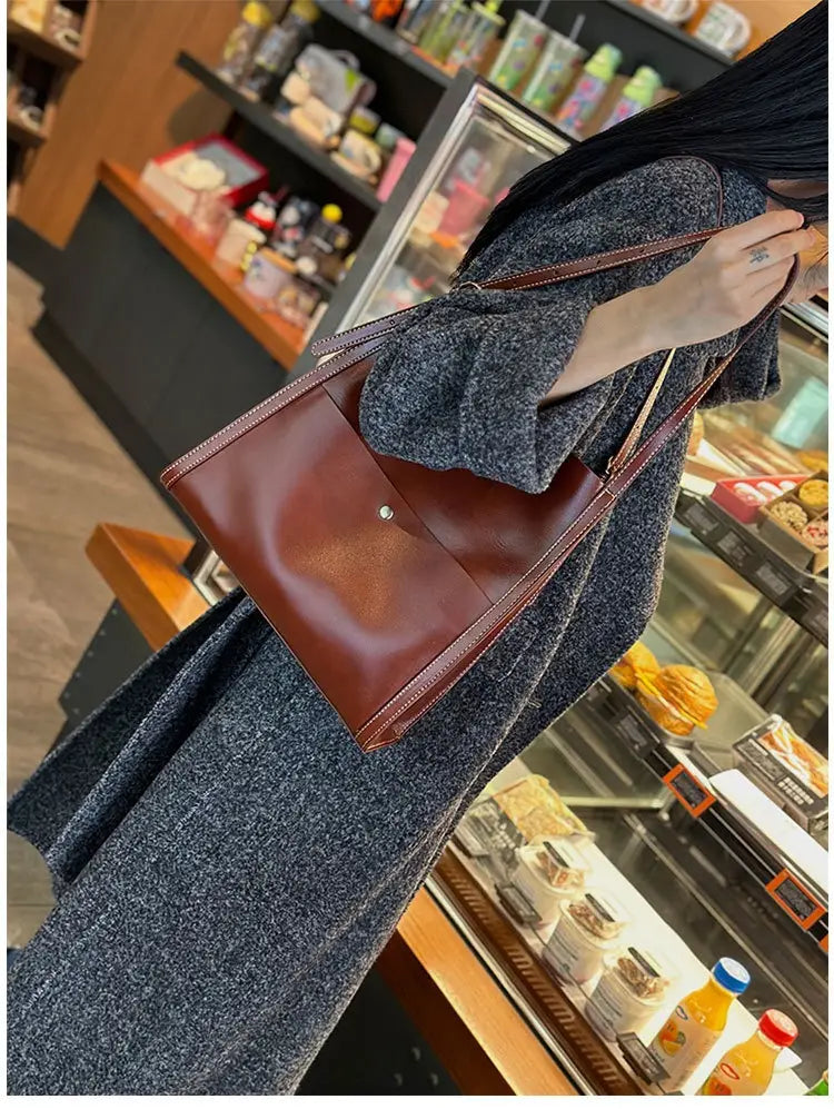 Genuine Leather Cowhide Tote Bag Square Handbag with Zipper Pocket for Women