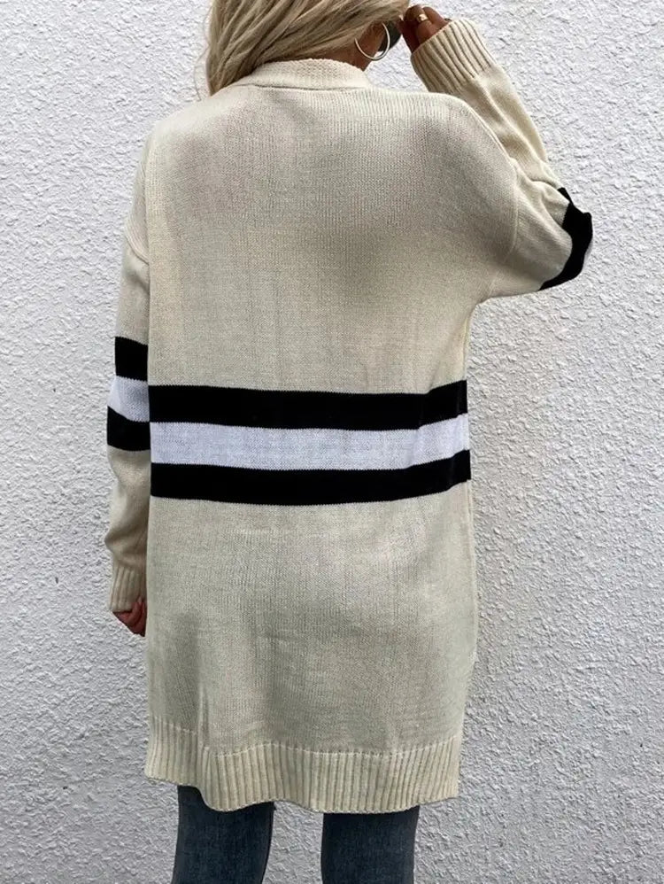 Contrast Color Striped Cardigan Gray Apricot Street Fashion Acrylic Sweater