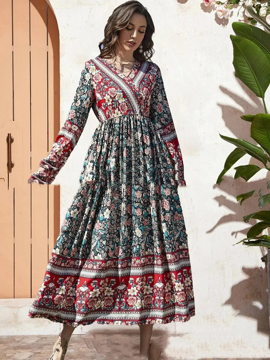 Artistieke retro lange mouw hoge taille rayon maxi rok jurk voor vrouwen