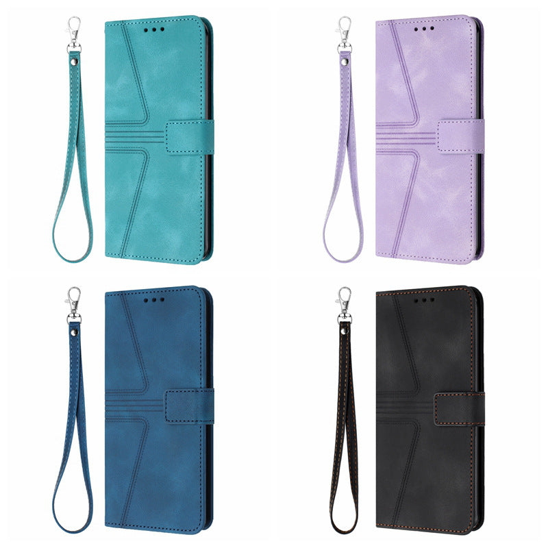 Flip Card Leather Case Geometric Phone Case - Geometric Line Leather Case with Short Hand Rope