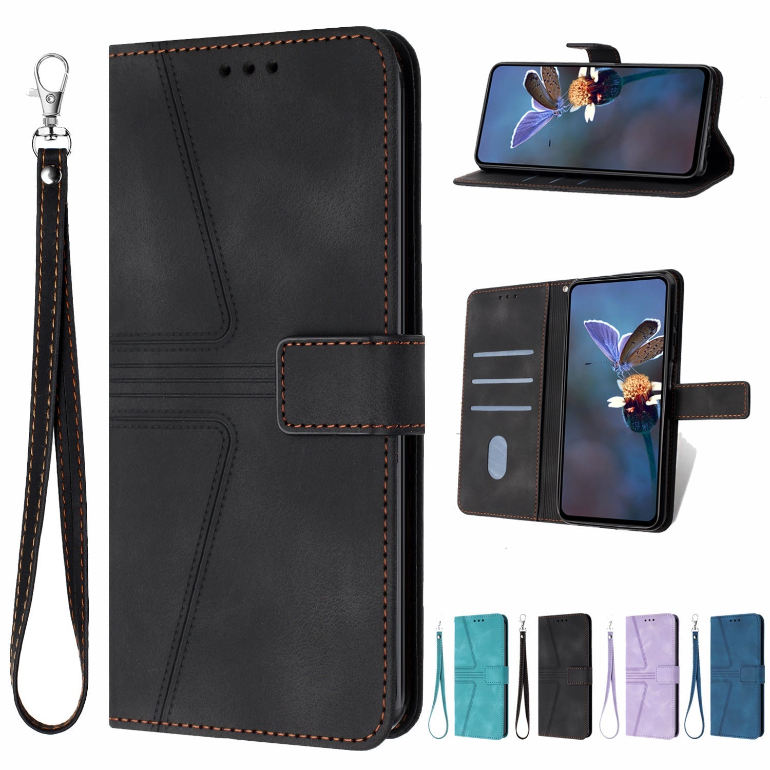 Flip Card Leather Case Geometric Phone Case - Geometric Line Leather Case with Short Hand Rope