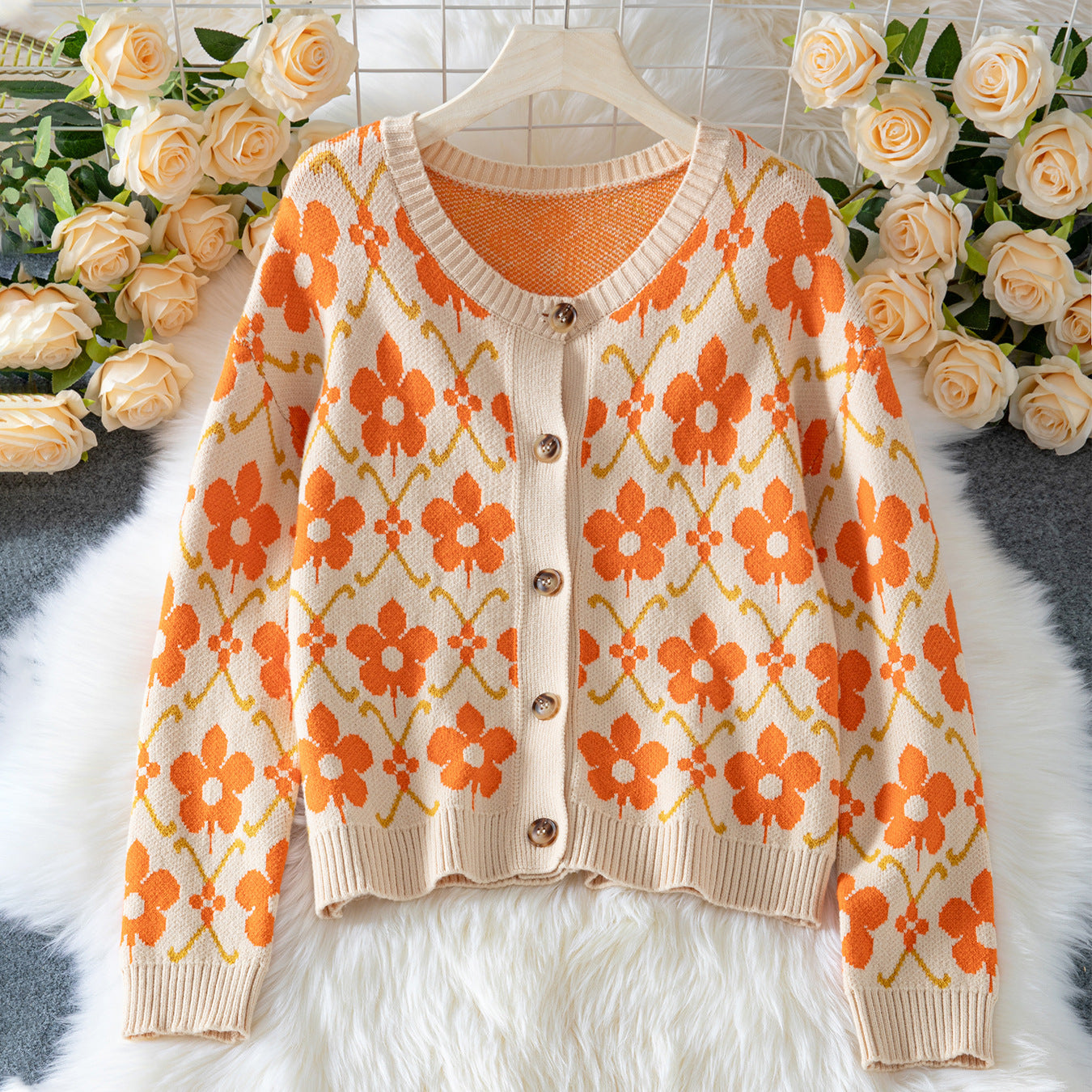 Floral Apricot Jacquard Cardigan Womens Viscose Knit Street Fashion Sweater - Teleplus