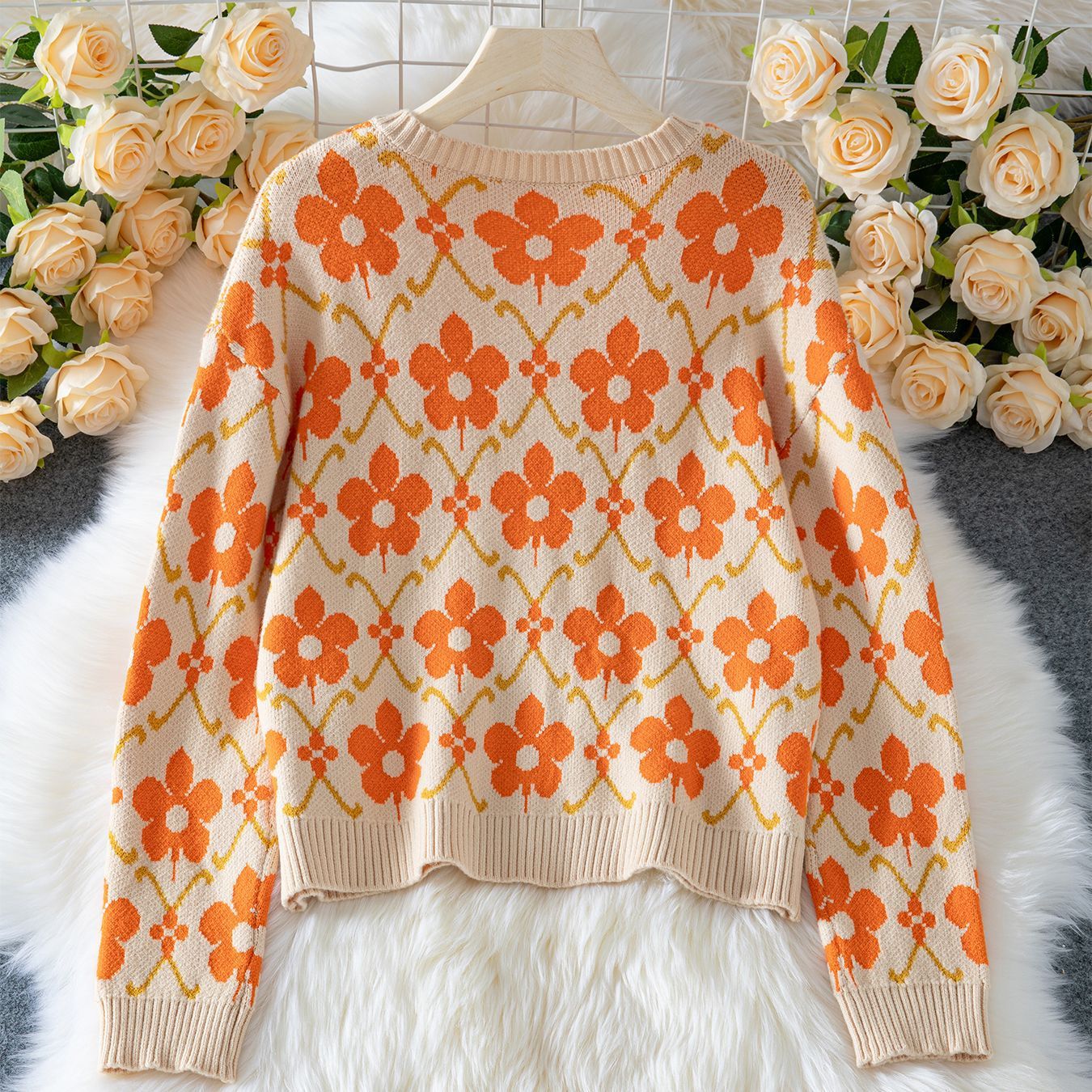 Floral Apricot Jacquard Cardigan Womens Viscose Knit Street Fashion Sweater - Teleplus