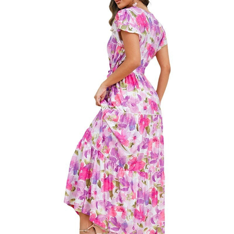 Floral Print Long A-Line Skirt Lace Up Mid Waist Boho Pullover Maxi - Teleplus