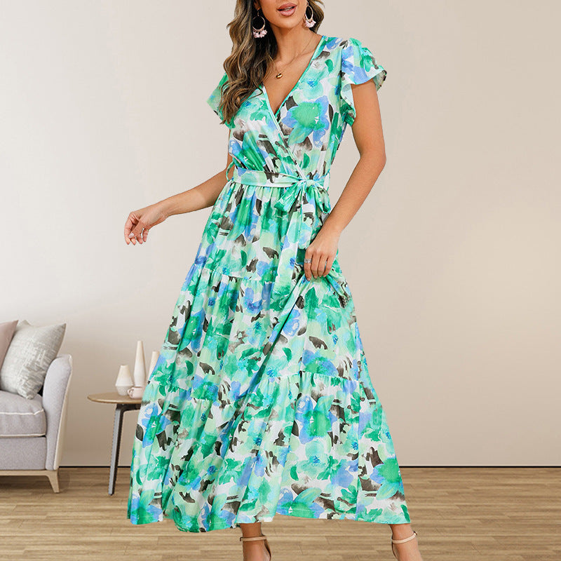 Floral Print Long A-Line Skirt Lace Up Mid Waist Boho Pullover Maxi - Teleplus