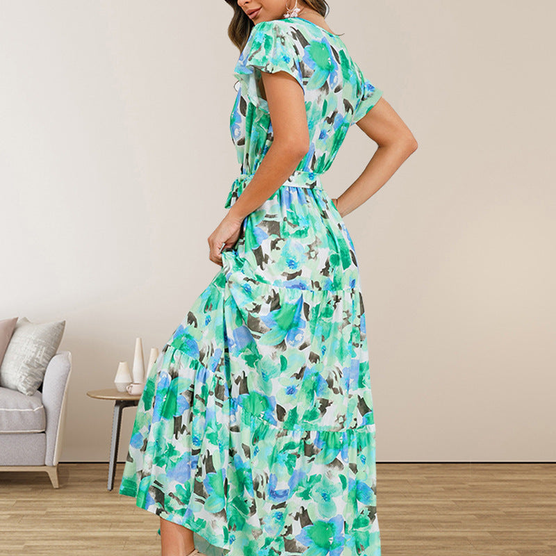 Floral Print Long A-Line Skirt Lace Up Mid Waist Boho Pullover Maxi - Teleplus