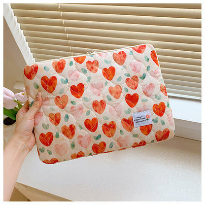 Floral Storage Pouch Breathable Cloth Bag with Green Flower and Red Heart Designs - Design