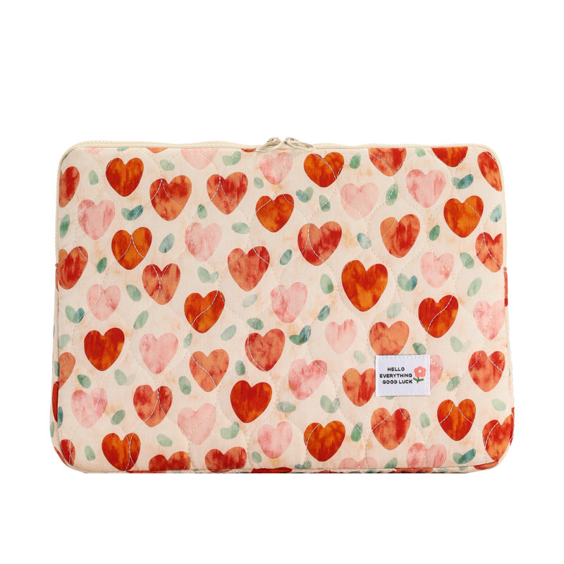 Floral Storage Pouch Breathable Cloth Bag with Green Flower and Red Heart Designs - Design