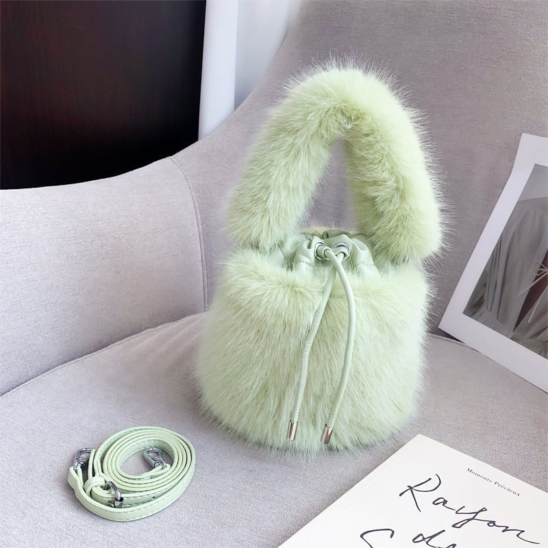 Furry Crossbody Bag Portable Bucket Suitcase with Soft Plush Material - Teleplus portable bucket furry crossbody bag