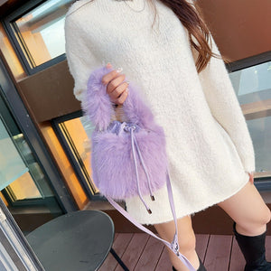 Furry Crossbody Bag Portable Bucket Suitcase with Soft Plush Material - Teleplus portable bucket furry crossbody bag