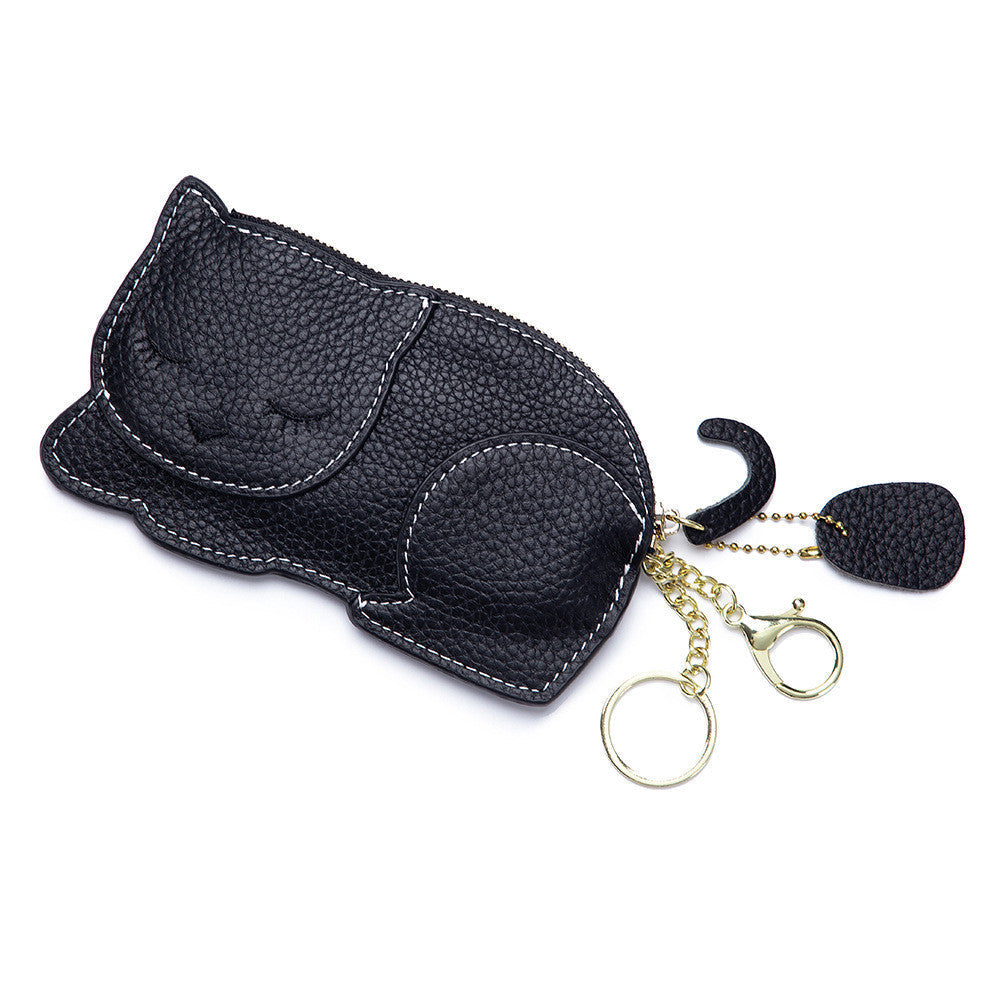Genuine Leather Coin Purse and Key Bag with Litchi Pattern in Multiple Colors - Lounge Style: Cat genuine leather coin