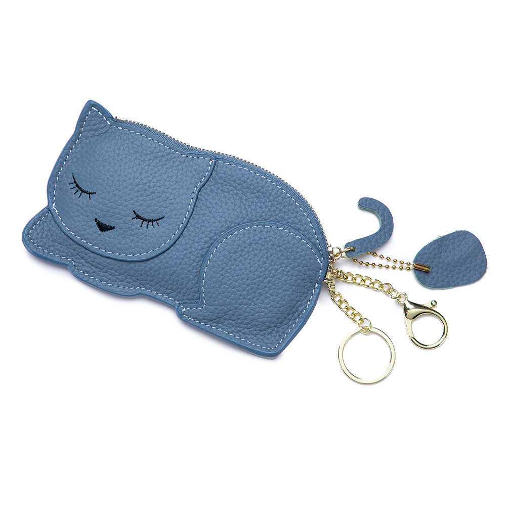 Genuine Leather Coin Purse and Key Bag with Litchi Pattern in Multiple Colors - Lounge Style: Cat genuine leather coin