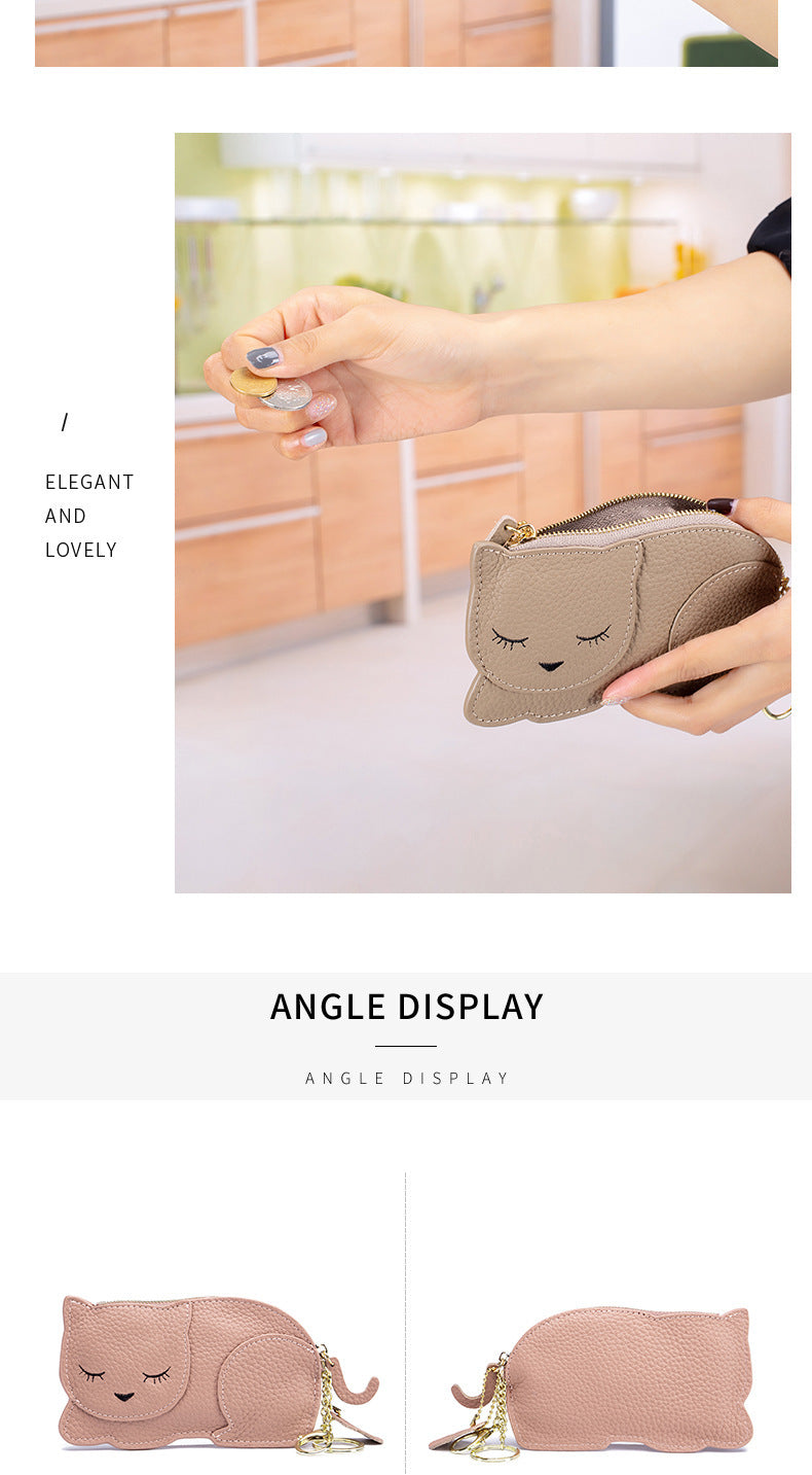 Genuine Leather Coin Purse and Key Bag with Litchi Pattern in Multiple Colors - Lounge Style: Cat genuine leather coin