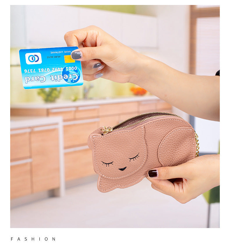 Genuine Leather Coin Purse and Key Bag with Litchi Pattern in Multiple Colors - Lounge Style: Cat genuine leather coin