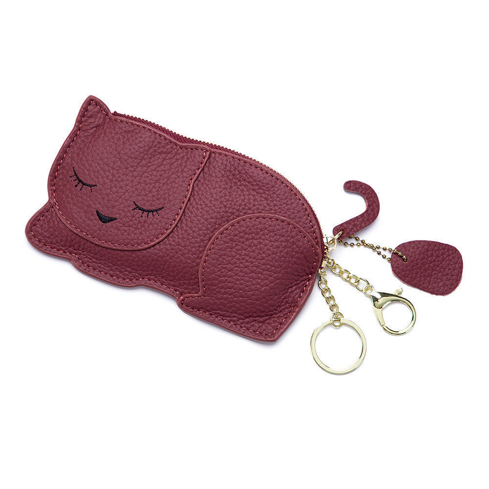 Genuine Leather Coin Purse and Key Bag with Litchi Pattern in Multiple Colors - Lounge Style: Cat genuine leather coin