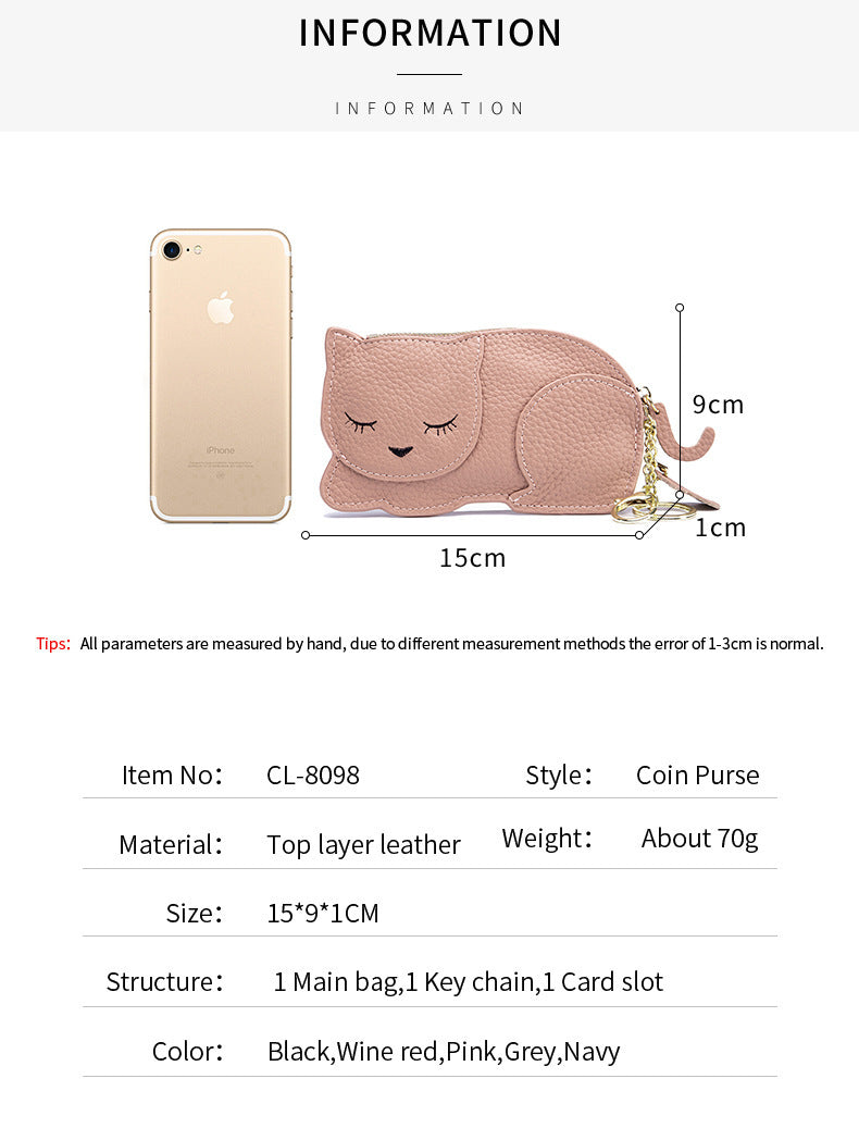 Genuine Leather Coin Purse and Key Bag with Litchi Pattern in Multiple Colors - Lounge Style: Cat genuine leather coin