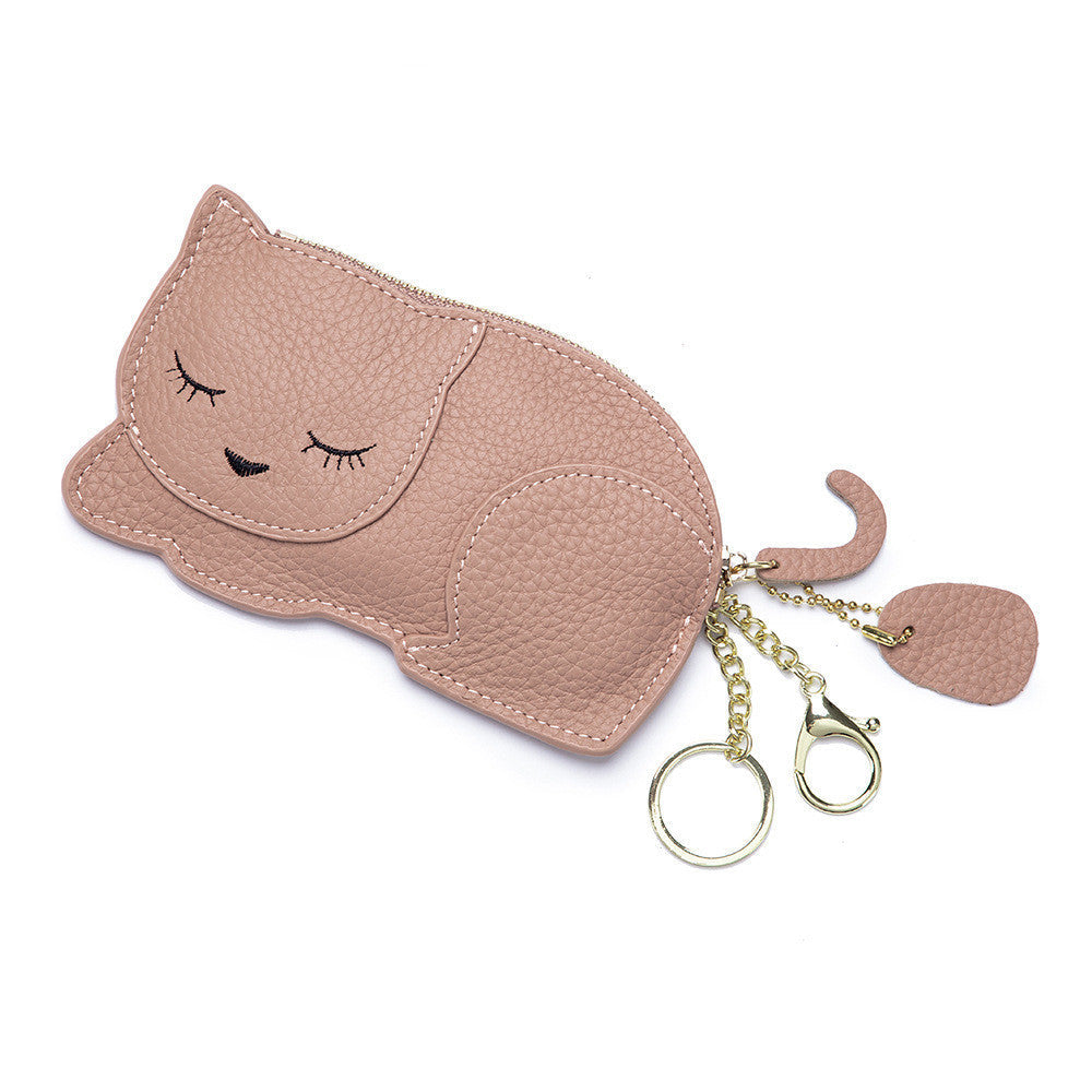 Genuine Leather Coin Purse and Key Bag with Litchi Pattern in Multiple Colors - Lounge Style: Cat genuine leather coin