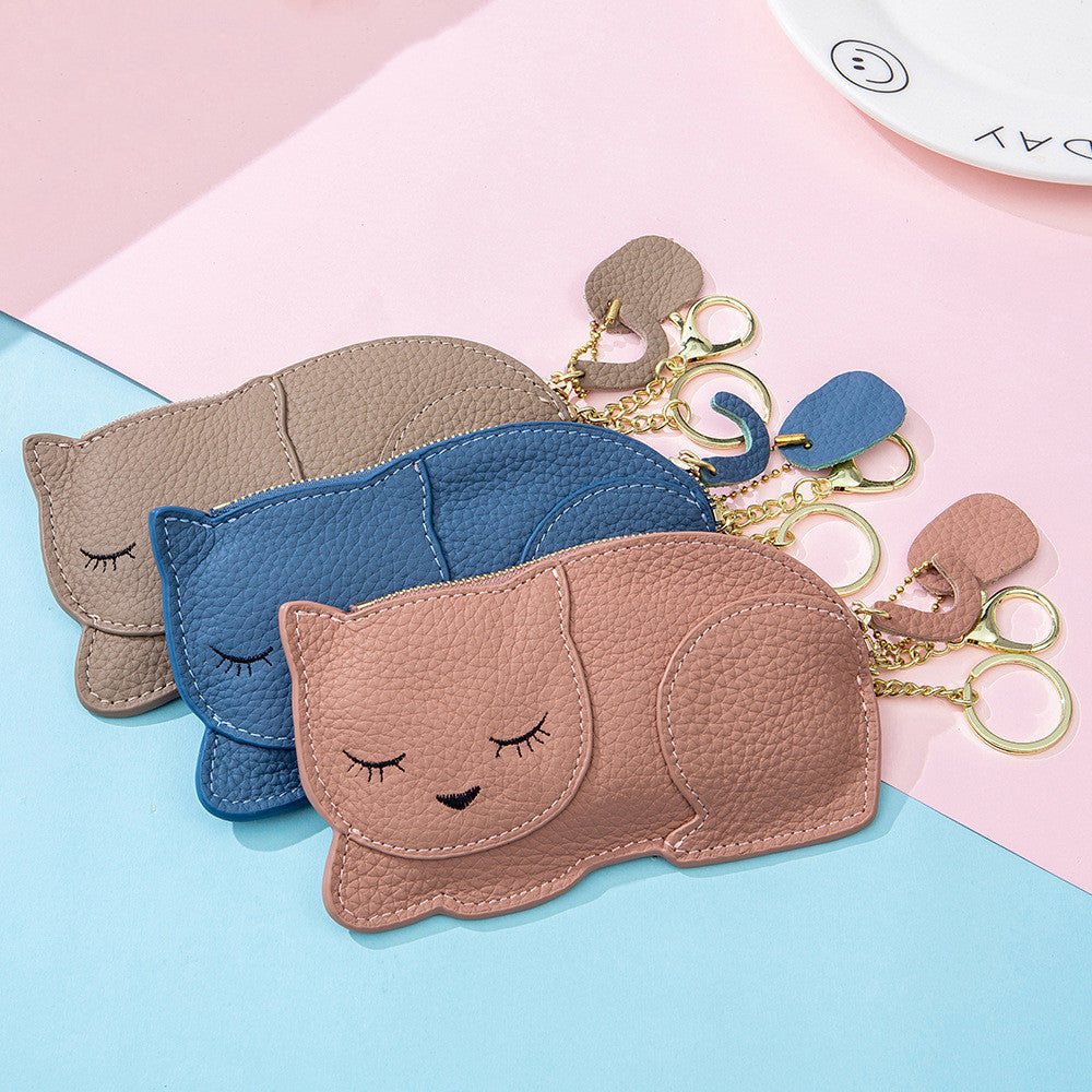 Genuine Leather Coin Purse and Key Bag with Litchi Pattern in Multiple Colors - Lounge Style: Cat genuine leather coin