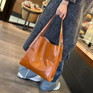 Genuine Leather Cowhide Tote Bag Square Handbag with Zipper Pocket for Women - Teleplus