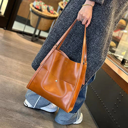 Genuine Leather Cowhide Tote Bag Square Handbag with Zipper Pocket for Women - Teleplus