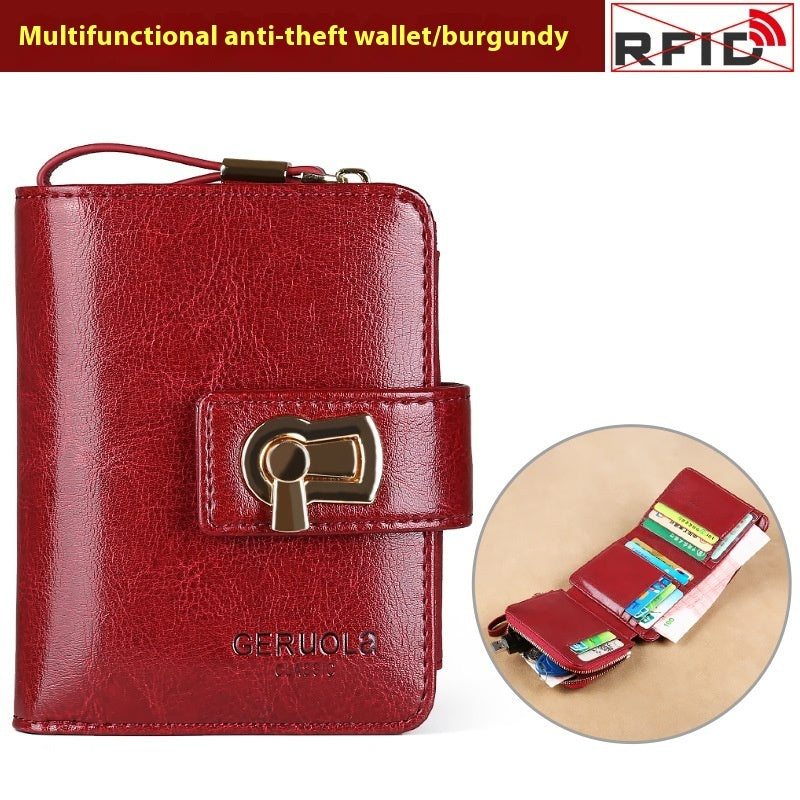 Genuine Leather Ladies Wallet with Solid Color Cotton Lining and Retro Design - Teleplus