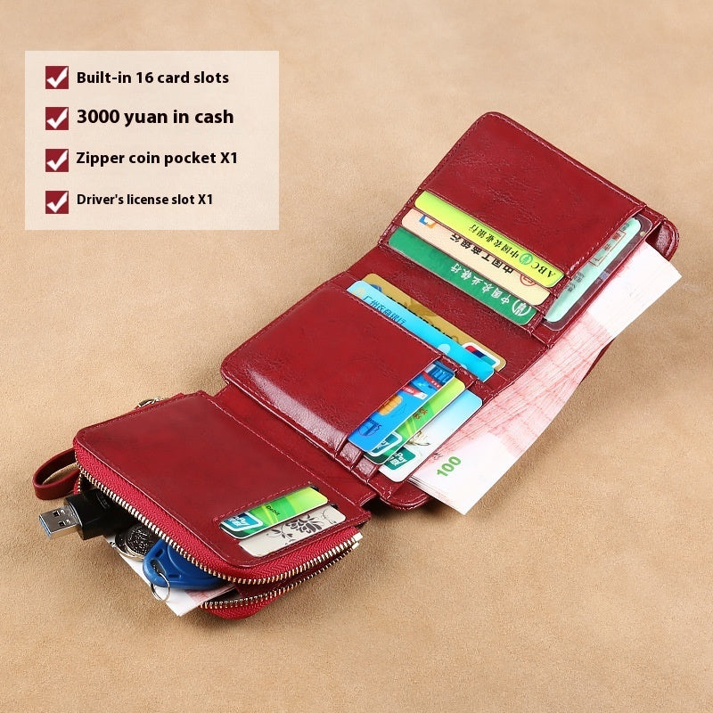 Genuine Leather Ladies Wallet with Solid Color Cotton Lining and Retro Design - Teleplus