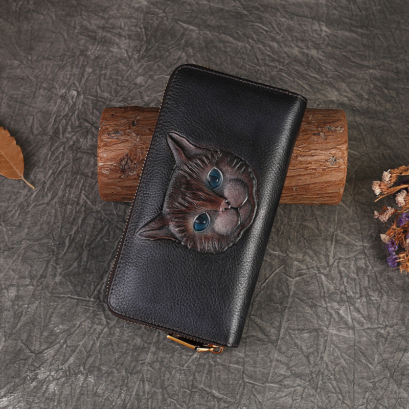 Genuine Leather Wallet for Daily Use with Animal Lining in Brown or Gray - Purr-fectly Chic Cat Coin Purse united