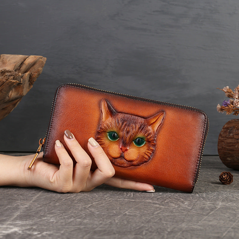 Genuine Leather Wallet for Daily Use with Animal Lining in Brown or Gray - Purr-fectly Chic Cat Coin Purse united