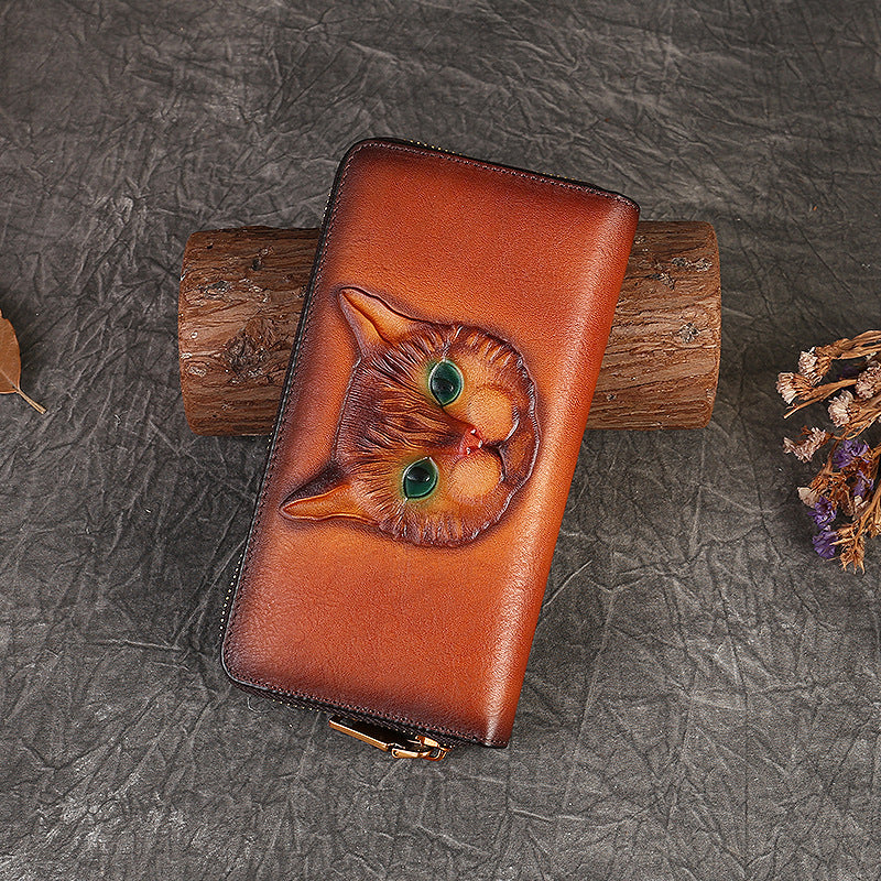 Genuine Leather Wallet for Daily Use with Animal Lining in Brown or Gray - Purr-fectly Chic Cat Coin Purse united