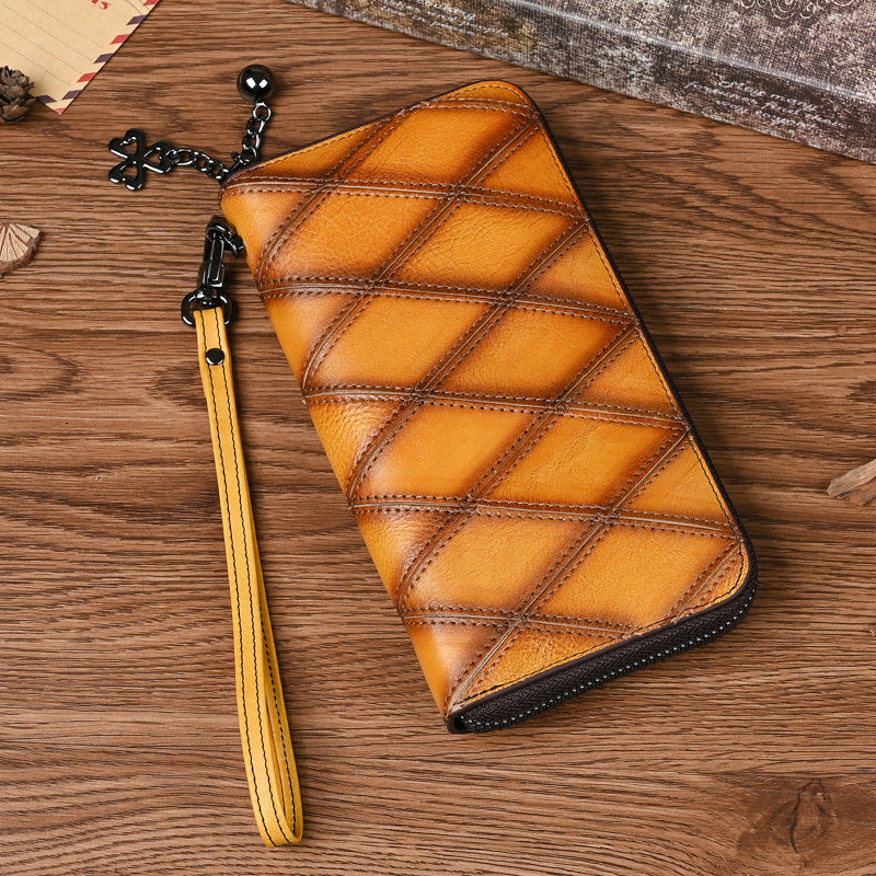 Geometric Pattern Leather Wallet for Men with Retro Yellow and Brown Styles - Zipper Bag Women: Holds Phones Bad