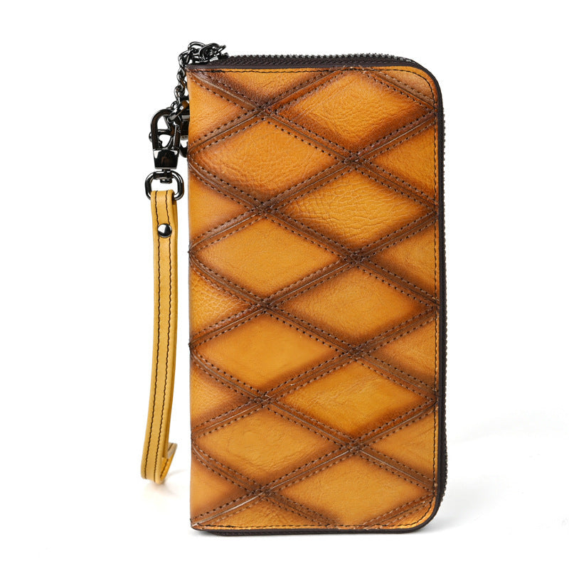 Geometric Pattern Leather Wallet for Men with Retro Yellow and Brown Styles - Zipper Bag Women: Holds Phones Bad