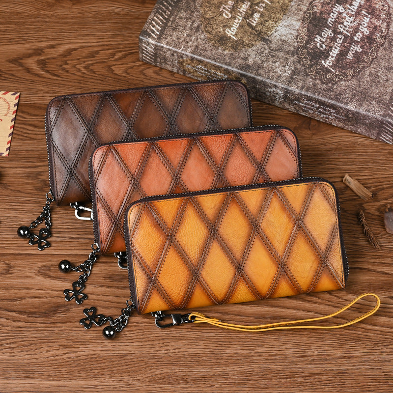 Geometric Pattern Leather Wallet for Men with Retro Yellow and Brown Styles - Zipper Bag Women: Holds Phones Bad