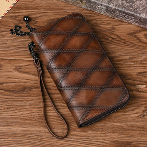 Geometric Pattern Leather Wallet for Men with Retro Yellow and Brown Styles - Zipper Bag Women: Holds Phones Bad