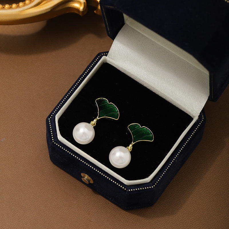 Ginkgo Leaf Pearl Stud Earrings Sterling Silver Needle - Ginkgo Leaf Earrings For When You Leaf The House