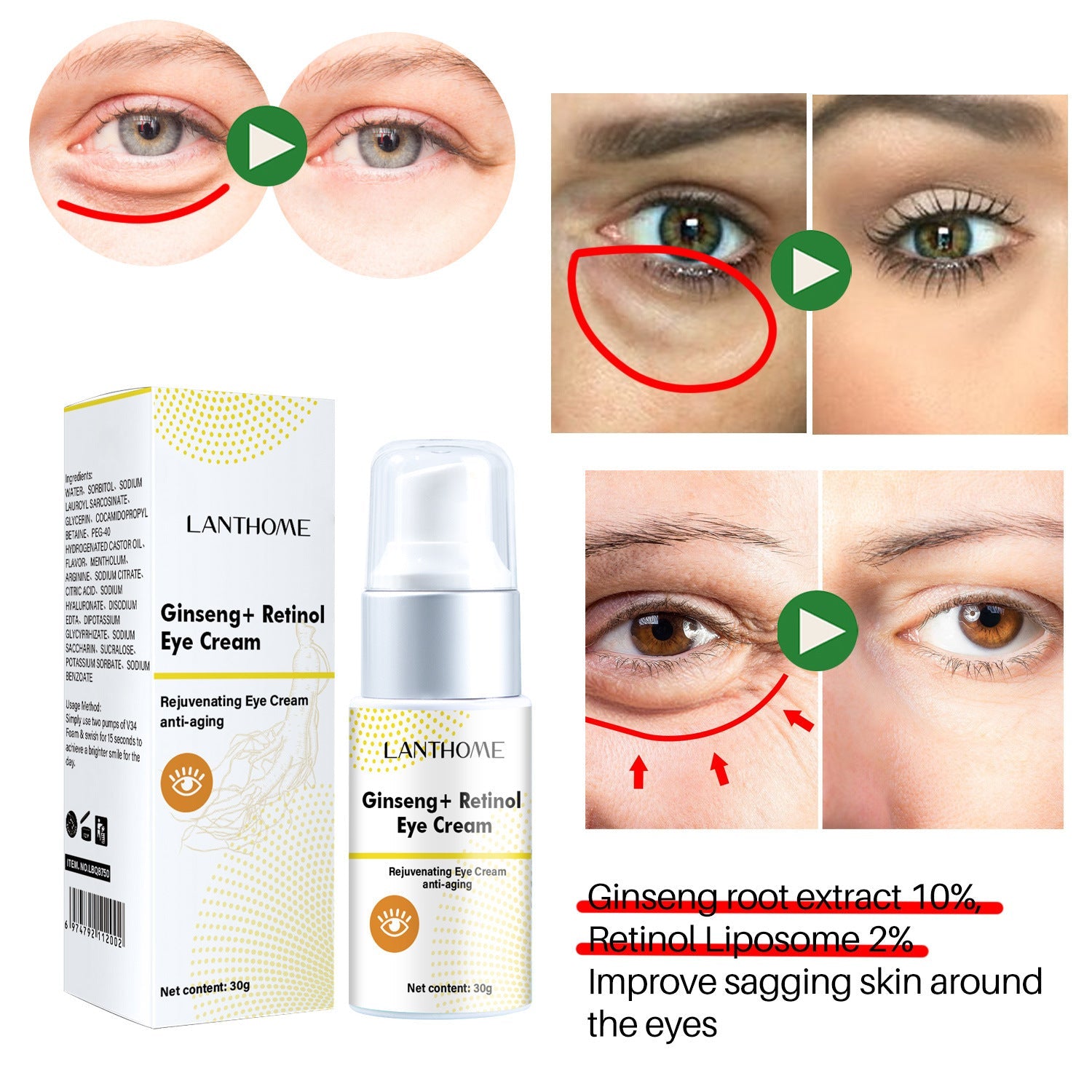 Ginseng Retinol Eye Cream for Skincare and Care 30ml Shelf Life 3 Years - Teleplus ginseng retinol eye cream care