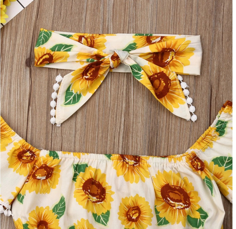 Girl Sunflower Print One-Shoulder Top Triangle Shorts Suit - Girl Sunflower Top and Shorts Suit in Cotton Cuteness