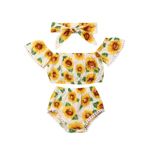 Girl Sunflower Print One-Shoulder Top Triangle Shorts Suit - Girl Sunflower Top and Shorts Suit in Cotton Cuteness