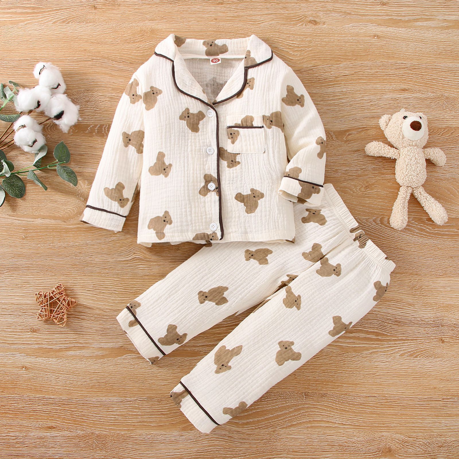 Girls’ Bear Printed Pajamas Long-sleeve Suit - Cuddle Up Cutely in Girls Bear Pajamas Suit