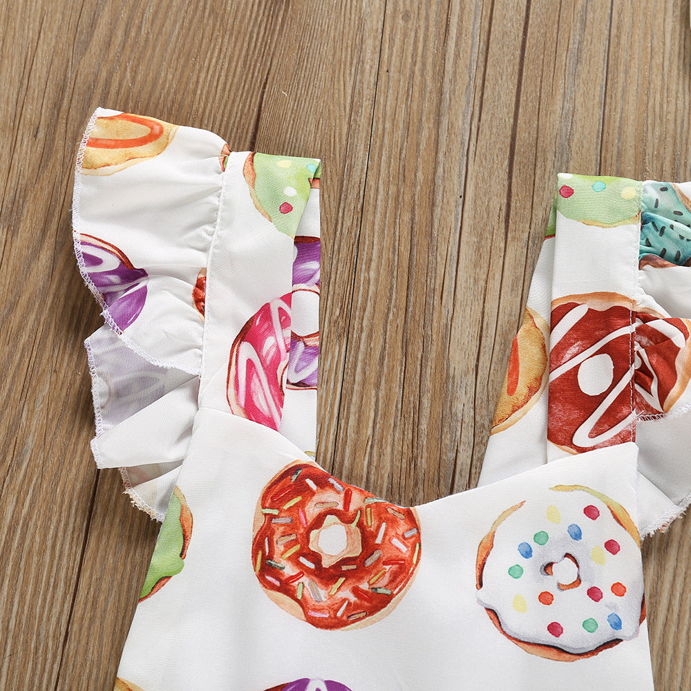 Girls’ Donut Siamese Triangle Romper Headscarf Two-piece Set - Donut Worry Be Happy in This Romper Duo