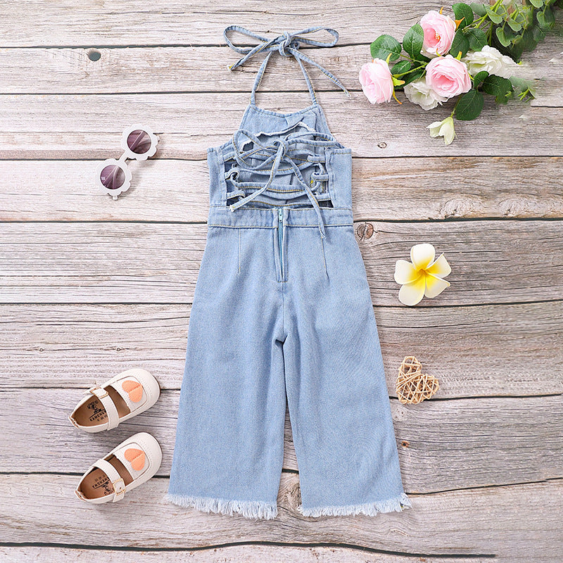 Girls Hollow-out Camisole Denim Jumpsuit - Chic Baby Jumpsuit for Tiny Fashionistas