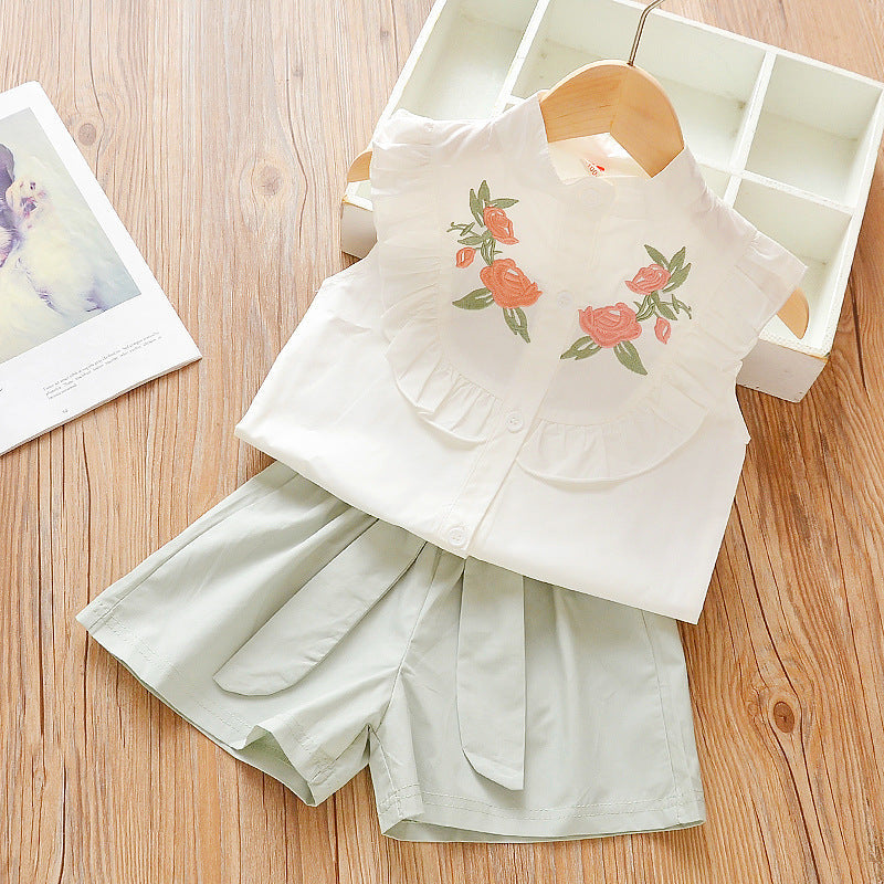 Girls Trendy Shorts Sleeveless Two-piece Suit - Rock the Two Flower Cardigan Ruffle Sleeves