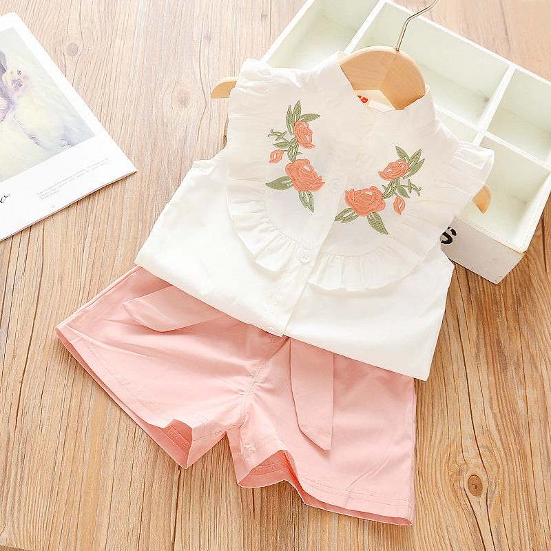 Girls Trendy Shorts Sleeveless Two-piece Suit - Rock the Two Flower Cardigan Ruffle Sleeves