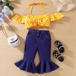 Girls’ Yellow With Polka Dots Suspender Flared Jeans Suit - Sunny Dots and Flare Perfect for Little Fashionistas