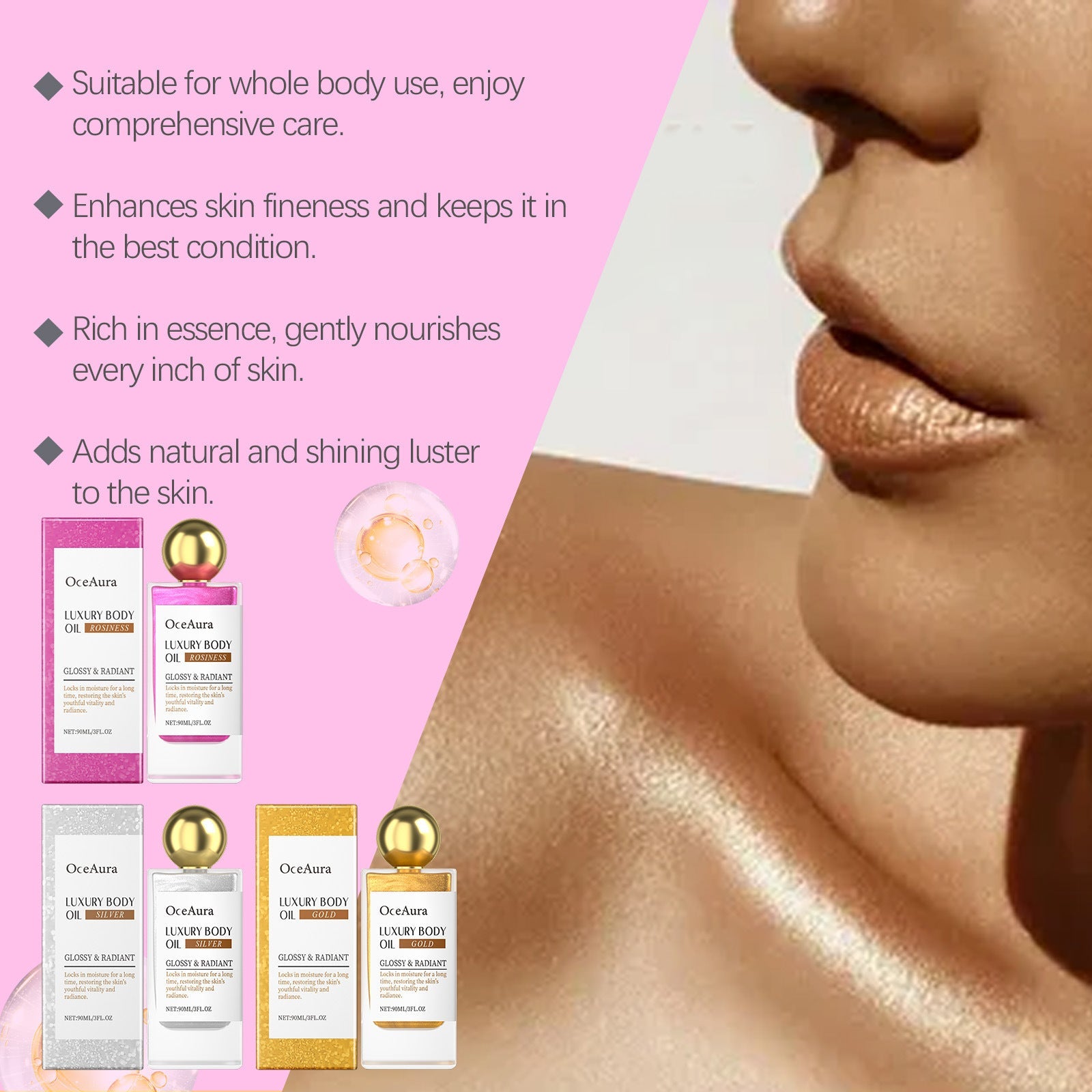 Glitter Body Oil for Massage Treatment Rose Silver Gold 90ml Export Only - glitter body oil massage treatment rose