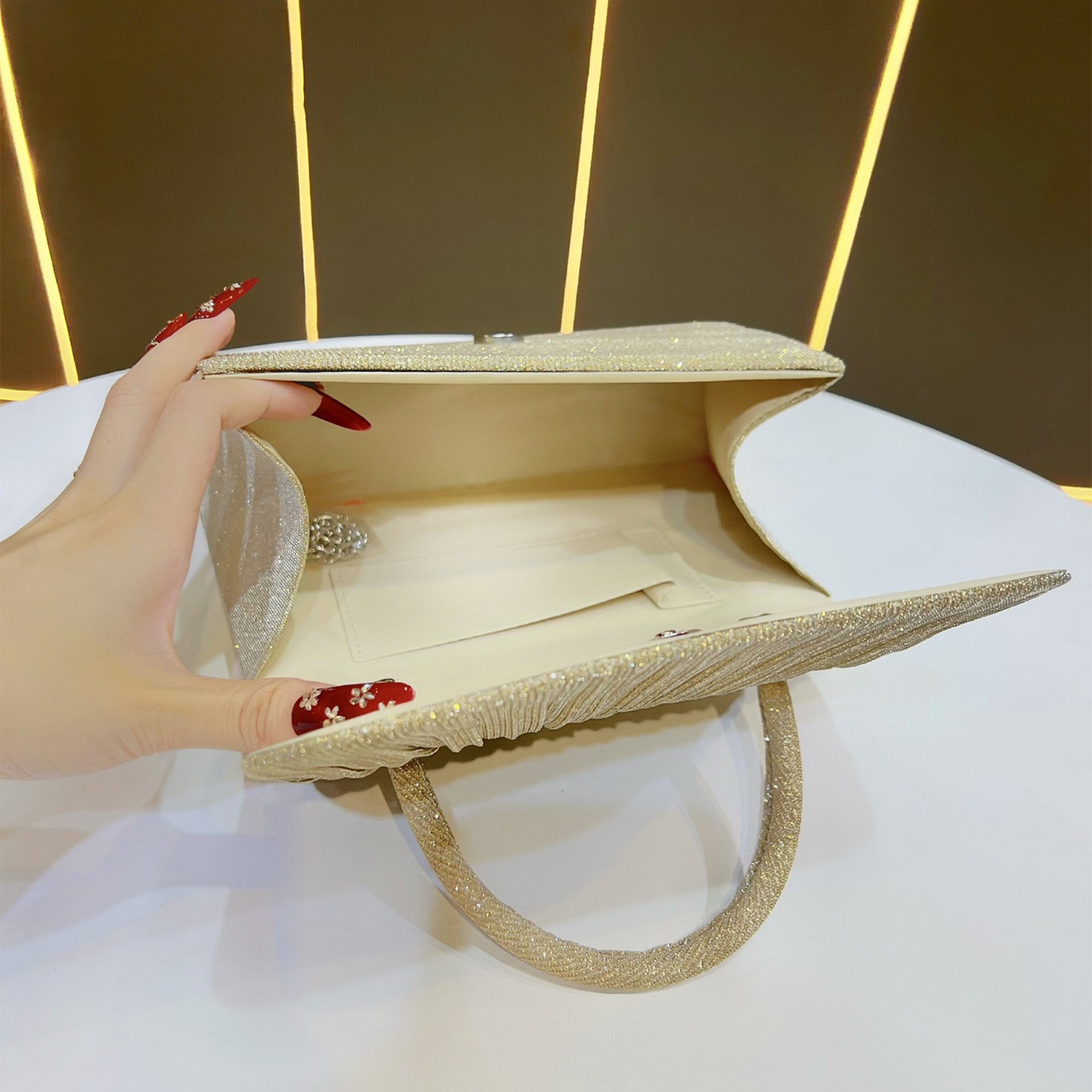 Gold Crinkle Handbag Metallic Evening Shoulder Bag for Women - gold crinkle handbag shoulder bag